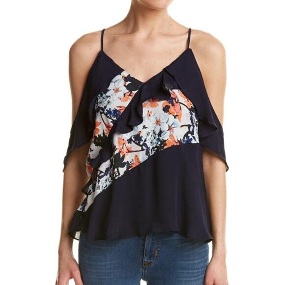 Parker Draped Sleeve Blouse Cold Shoulder Ruffle Pieced Paisley Print Black M - Picture 11 of 12